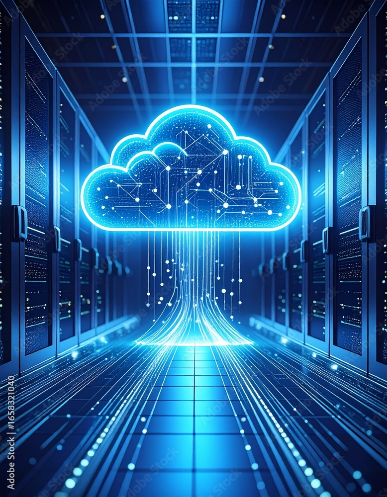 Poster futuristic cloud computing symbol with data streams in a server room
