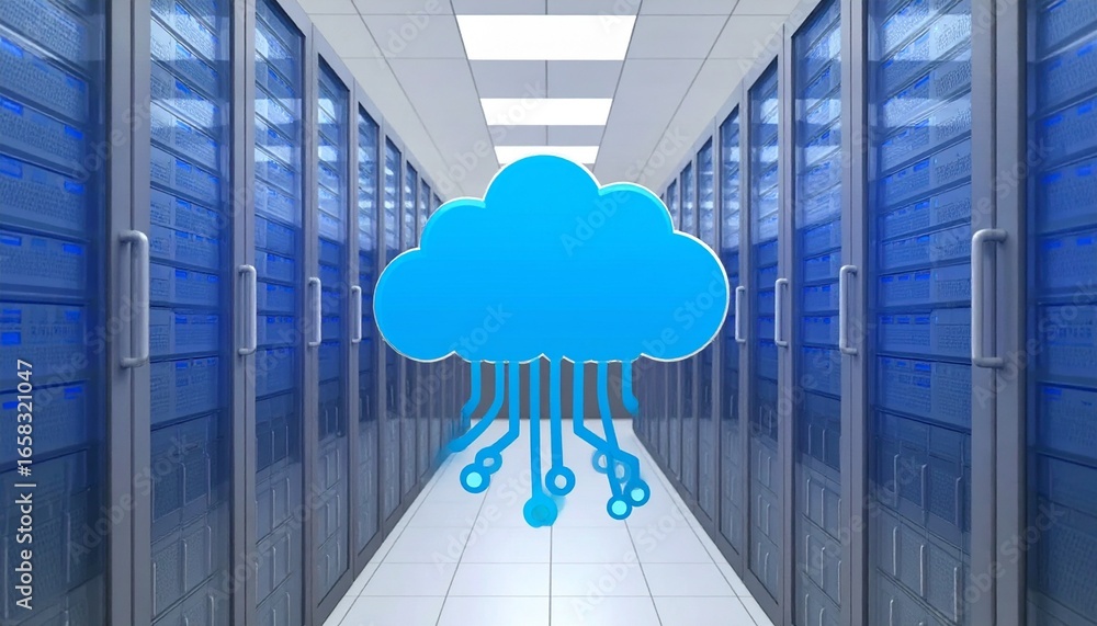 Poster modern data center with cloud symbol and technology representation