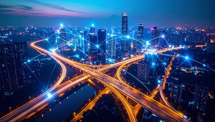 Urban landscape showcasing smart city technology and networks at night