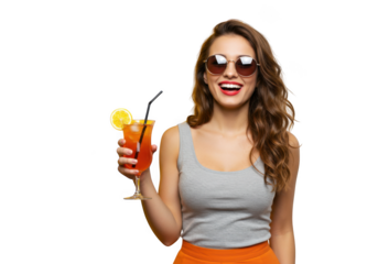 Happy woman with cocktail isolated on transparent background