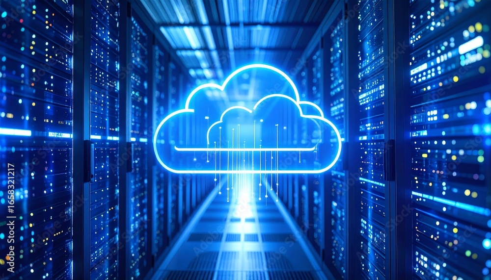 Poster futuristic cloud computing concept with glowing cloud symbol in data c