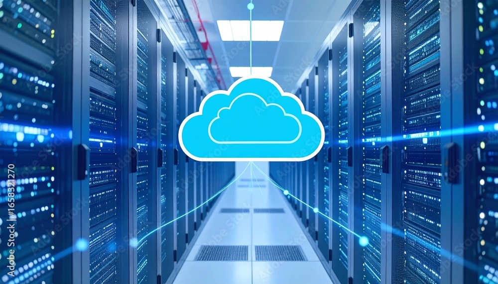 Poster modern data center with cloud computing infrastructure and servers