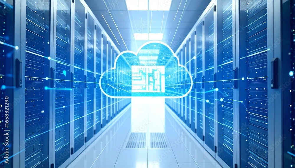 Poster cloud computing visualisation in modern data processing server room
