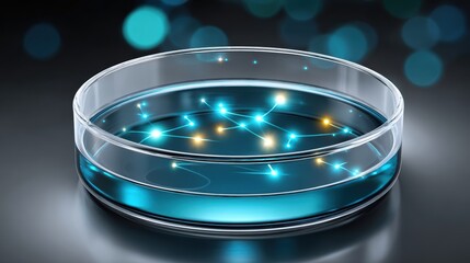 A glowing blue petri dish filled with luminescent strands, set against a blurred background of teal and blue lights.