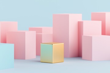 Obraz premium Colorful Geometric Shapes with Gold Cube in Minimalist Decor Setting