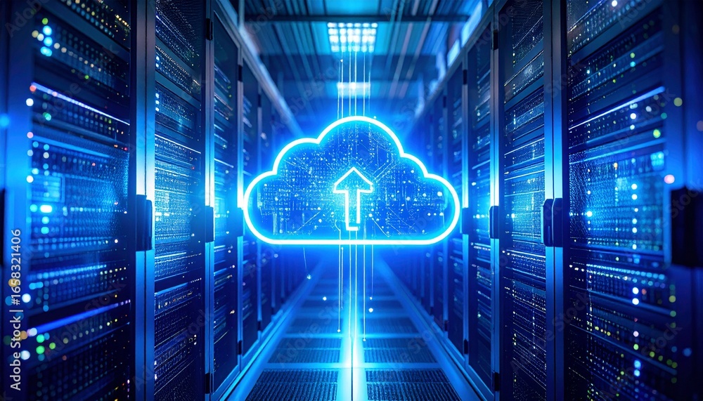 Poster futuristic cloud upload symbol in a modern data center environment