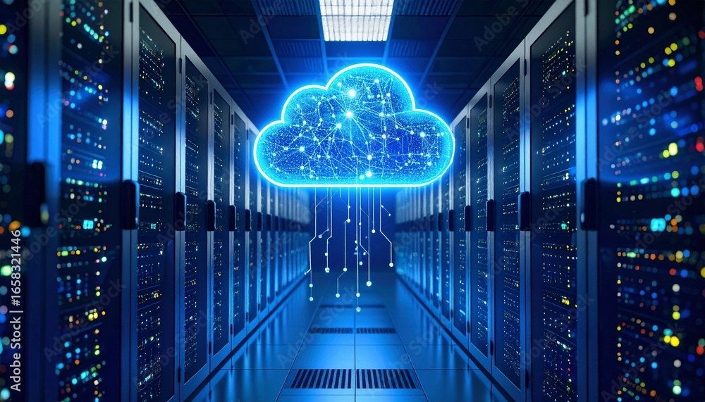 Poster futuristic cloud computing technology in data center with servers