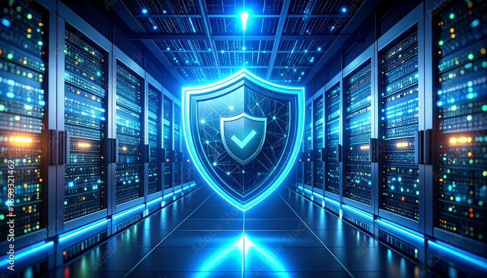 Poster digital shield symbolizing cybersecurity in a modern data center