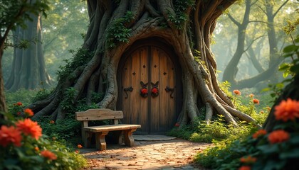 Mystical fairytale forest scene with ancient tree, wooden door, rustic bench. Rich green foliage, vibrant orange flowers create magical, hidden paradise setting. Sunlit path invites exploration into