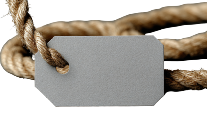 Gray tag attached to a piece of braided rope