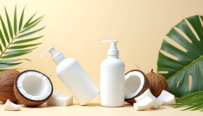 Coconut Skincare Product Display with Tropical Leaves Aesthetic Photography