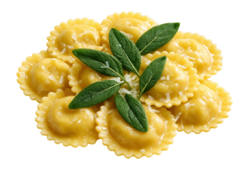 Top view of ravioli with sage butter and Parmesan on a white plate.
