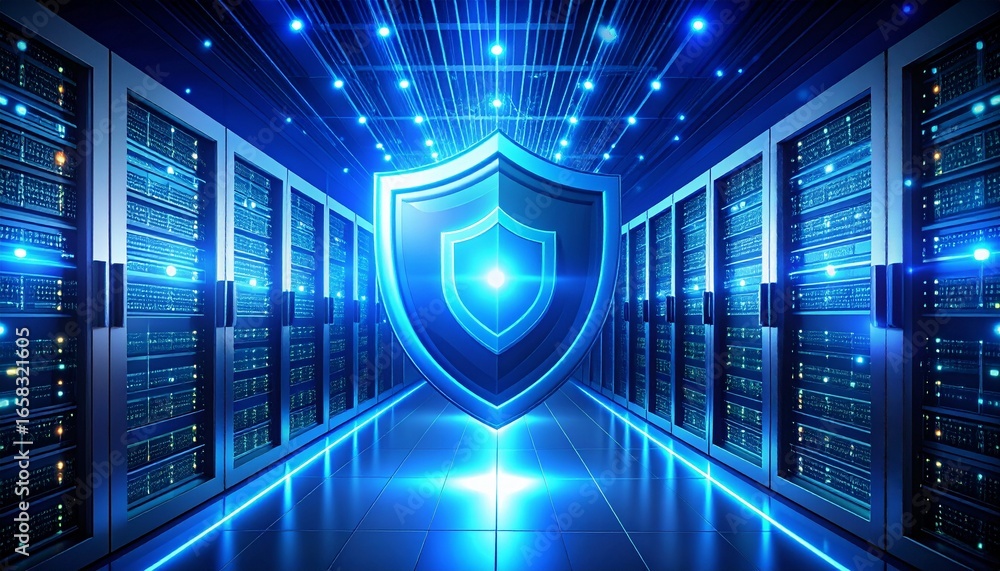 Poster abstract representation of cybersecurity with glowing shield and serve