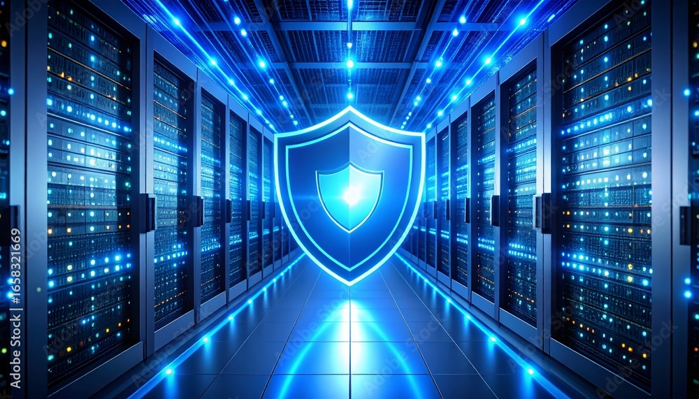Aufkleber digital shield protecting server room with bright data streams flowing