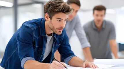 Obraz premium A focused young man examines blueprints while two colleagues observe in a modern office setting.