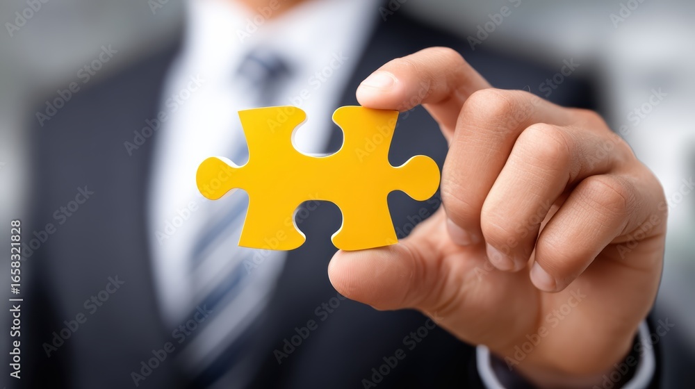 Poster a business professional holds a yellow puzzle piece, symbolizing problem-solving and teamwork in a c