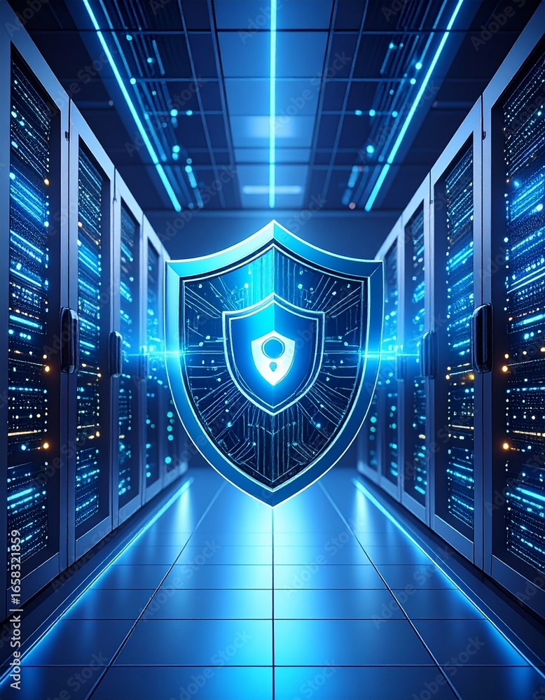 Poster shield symbol representing cybersecurity inside a server room setting