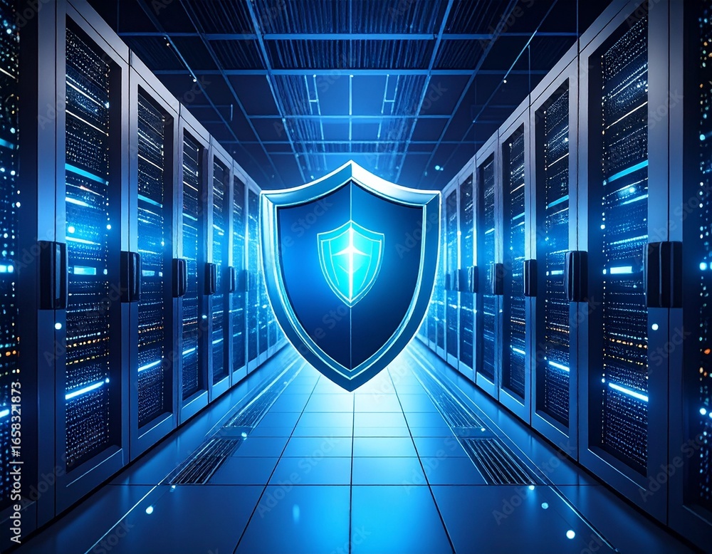 Poster digital security shield in a modern data center with servers