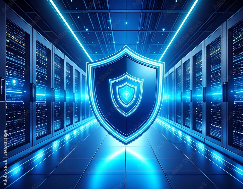 Aufkleber futuristic shield symbolizing data security in a server room