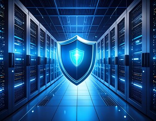 Digital security shield in a modern data center with servers