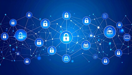 Abstract data network with security symbols and blue background design