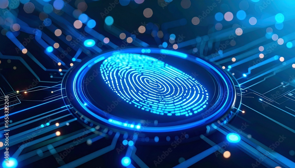 Poster high-tech digital fingerprint scan with glowing circuits and lights