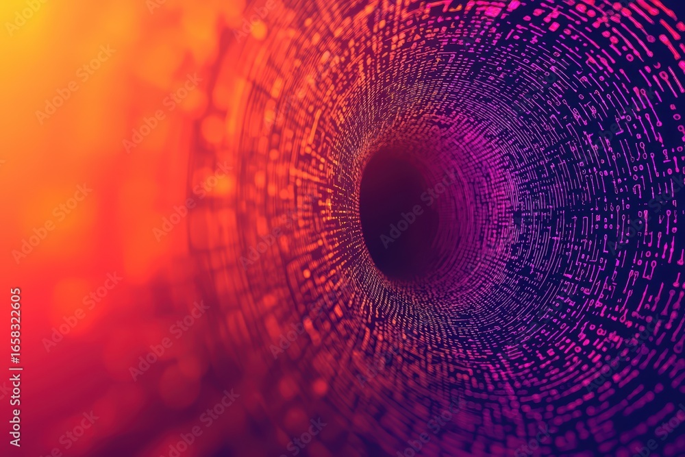 Poster abstract digital tunnel with colorful binary patterns and light effects