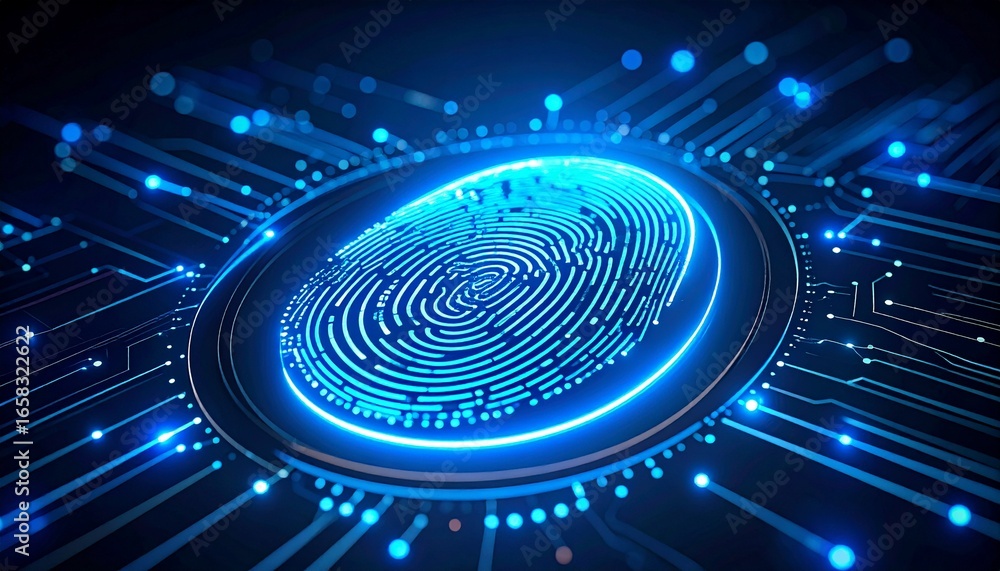 Poster futuristic digital fingerprint design with glowing circuit patterns