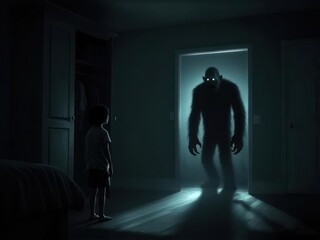 Obraz premium A small child stands in a bedroom doorway, facing a shadowy, looming monster figure in the illuminated doorway.