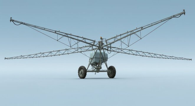 A symmetrical, industrial agricultural machine featuring a central tank, two long extendable arms, supported by a wheeled chassis, poised for field work