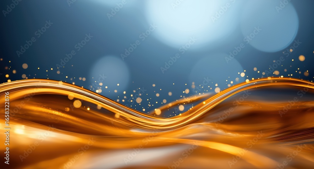 Poster glimmering gold fluid wave with sparkles and soft bokeh background