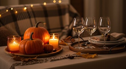 Cozy autumnal tablescape featuring pumpkins, candles, wine glasses, fall leaves, and a plaid blanket backdrop, evoking warmth