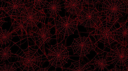 Seamless pattern of red spiderwebs on a black background, perfect for Halloween.