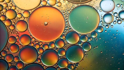 Close-Up Abstract Photo of Oil Bubbles Floating on Water with a Colorful Gradient High-Resolution Macro of a Colorful Liquid Surface with Circular Patterns Abstract Vision Oil and Water Merging