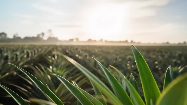 Close-up of a vibrant green pineapple plant crown against a sunlit agricultural field at sunset.