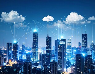 Futuristic city skyline with glowing network connections and clouds