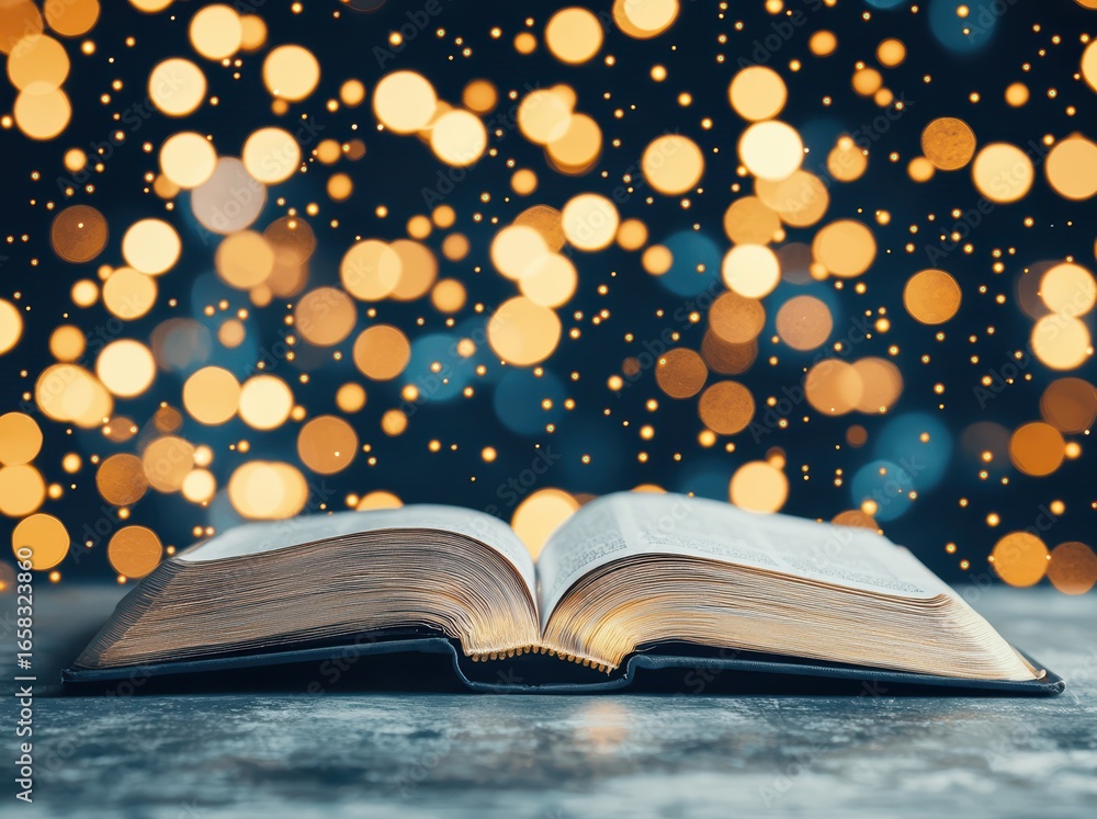 Poster open book with shimmering bokeh lights in the background