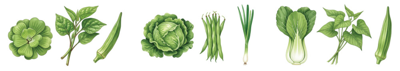 Obraz premium Vibrant watercolor illustrations showcasing a delightful array of fresh green vegetables, perfect for healthy culinary design and natural food concepts.