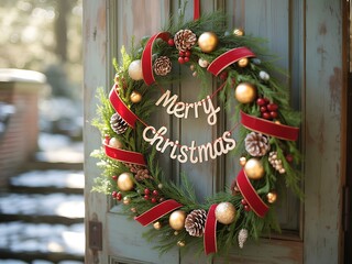A christmas wreath hanging on a door with a merry christmas sign and red ribbon accents