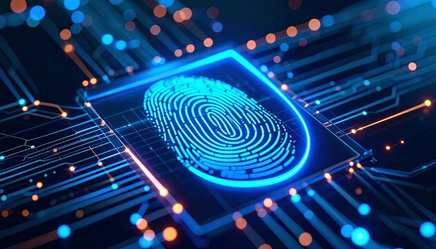 Futuristic fingerprint scanner with glowing digital circuits and light