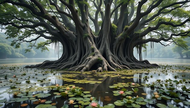 banyan trees roots forming natural bridges over blooming lily ponds