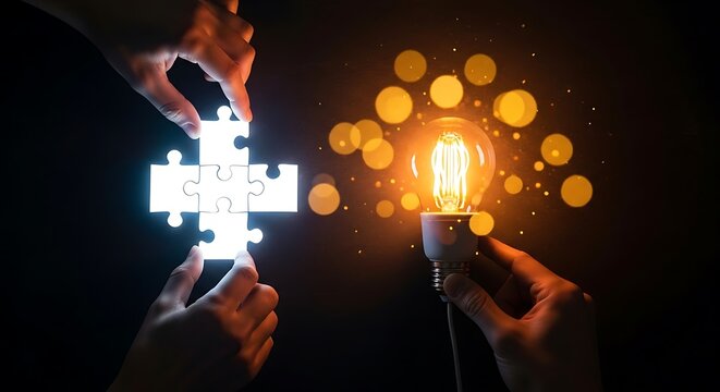 Innovative minds uniting puzzle pieces to illuminate brilliant ideas and spark creativity with lightbulb