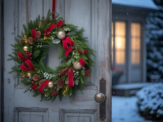 A christmas wreath with red ribbons and gold ornaments hanging on a weathered gray door outside