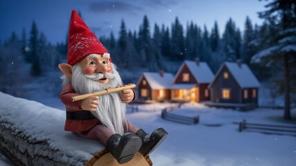 A christmas gnome with a red hat playing a flute in a snowy winter wonderland setting scene