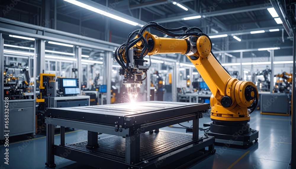 Poster advanced industrial robot performing precise assembly tasks in factory
