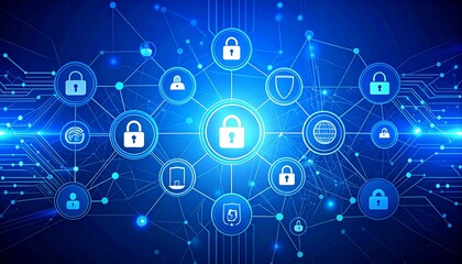 Abstract digital network with security locks and data connections