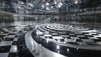 A futuristic, mirrored interior with a swirling, checkered floor and glass walls
