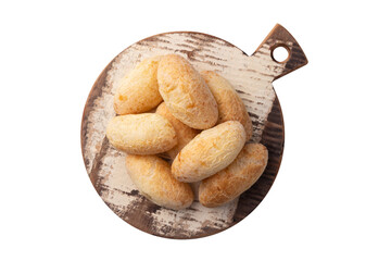 Cheese buns, typical south american biscuits on a wooden board isolated over white background