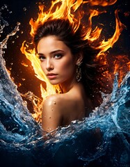 Fototapeta premium Dramatic elemental artwork of a beautiful girl surrounded by blazing fire and crystal-clear water splashes