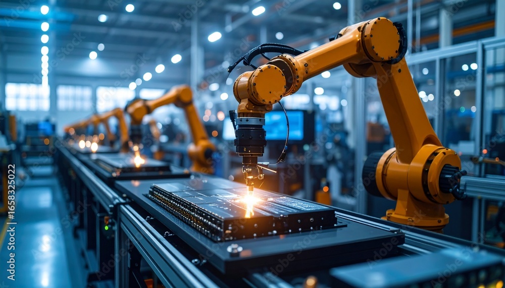 Poster robotic arm assembling components in a high-tech factory environment